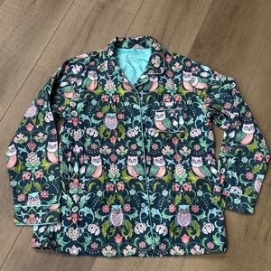 Nick & Nora Women Large Flannel Button Up Owl Pajama Top Shirt Blue Pink Floral